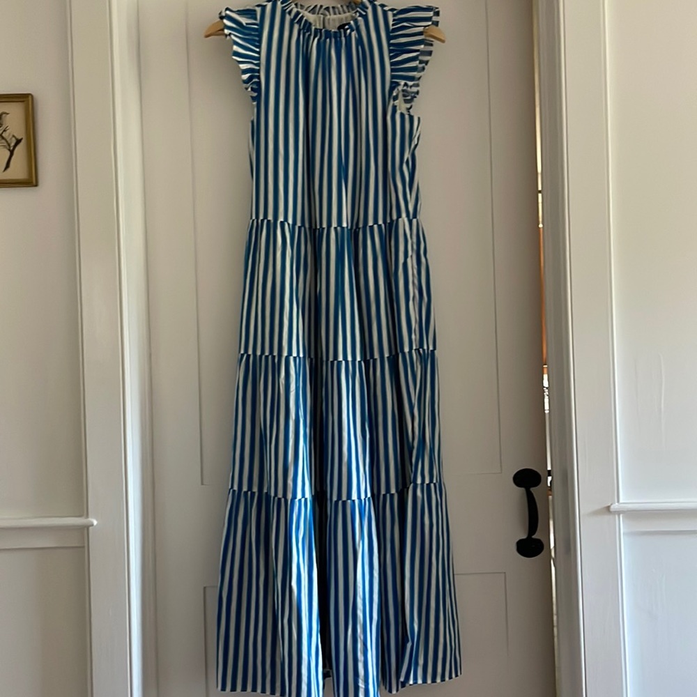 NWT J. Crew Blue White and Green Striped Maxi Dress With Ruffles in Tall Small!